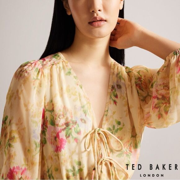 Ted Baker **NWT** Tamziiy Floral Print Tie Front Mini Dress, Tan - Picture 12 of 12